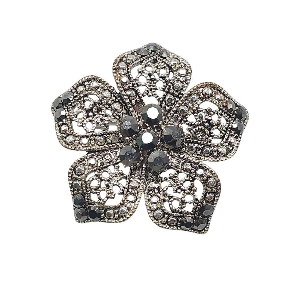 Vintage Faux Marcasite Flower Brooch Silver Tone Intricate Filigree Design